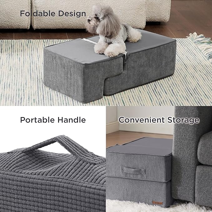 Lesure Dog Stairs for High Beds, Extra Wide Pet Stairs, 4-Steps Dog Steps for Medium/Small Dogs and Old Cats, Foldable Dog Steps with CertiPUR-US Certified Foam and Non-Slip Bottom, Grey