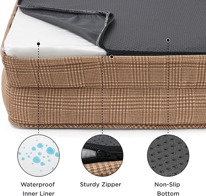 Bedsure Orthopedic Dog Bed for Large Dogs - Big Washable Dog Sofa Beds Large, Supportive Foam Pet Couch Bed with Removable Washable Cover, Waterproof Lining and Nonskid Bottom, Brown Checks