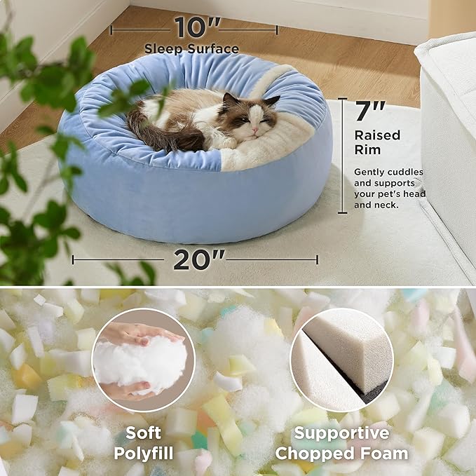 Lesure Cat Bed with Cover Cave - Covered Round Kitten Bed with Hooded Blanket, Machine Washable Burrow Pet Bed for Indoor Cats, Extra Small Cuddler Cozy Cave Puppy Bed with Anti-Slip Bottom, Blue 20"