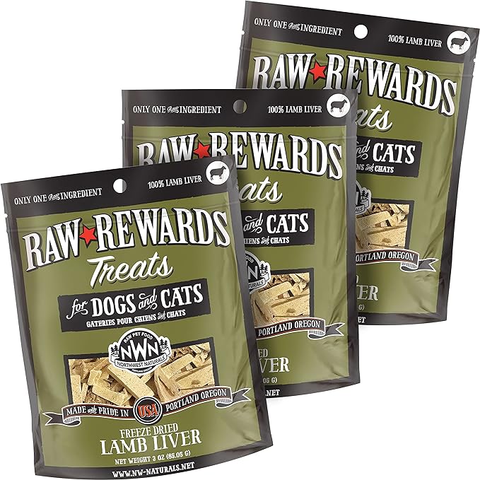 Northwest Naturals Raw Rewards Freeze-Dried Lamb Liver Treats for Dogs and Cats - Bite-Sized Pieces - Healthy, 1 Ingredient, Human Grade Pet Food, All Natural - 3 Oz (Pack of 3) (Packaging May Vary)