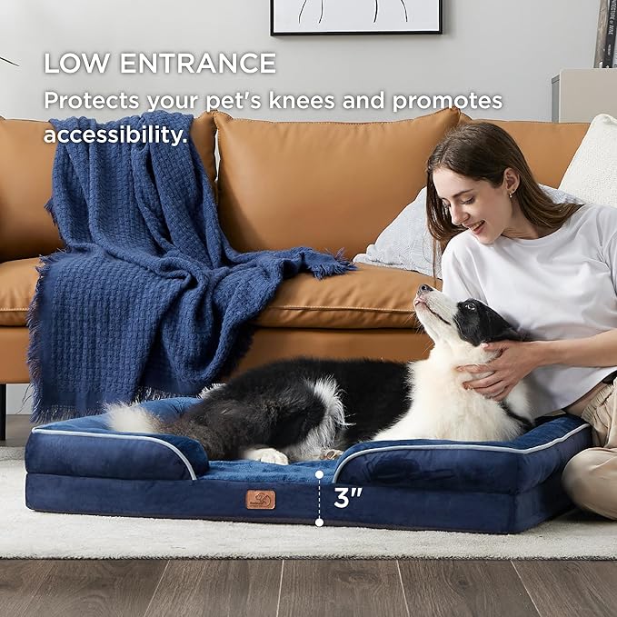 Bedsure Orthopedic Dog Bed for Large Dogs - Big Washable Dog Sofa Beds Large, Supportive Foam Pet Couch Bed with Removable Washable Cover, Waterproof Lining and Nonskid Bottom, Navy Blue