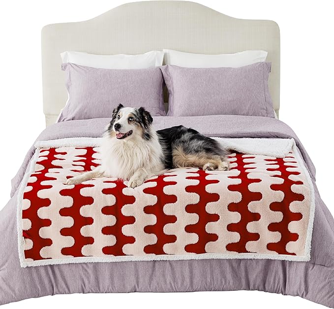 Lesure Waterproof Dog Blanket for Large Dogs - Washable Double Sided Dog Blankets with Warm Jacquard Shag and Soft Sherpa Fleece, Pet Cat blanket for Bed Couch Protection, 3D Textured Wave, Red