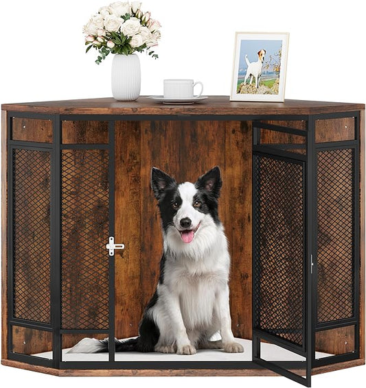 YITAHOME Corner Dog Crate Furniture, 52" Wooden Dog Crate with Dog Cushion, Dog Kennel Indoor for Small Medium Large Dogs, Brown