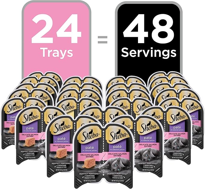 Sheba Wet Food PERFECT PORTIONS Paté Adult Wet Cat Food Trays (24 Count, 48 Servings), Delicate Salmon Entrée, Easy Peel Twin-Pack Trays , 1.32 Ounce (Pack of 48)