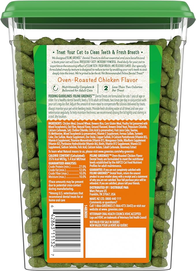 Greenies Feline Adult Natural Dental Cat Treats, Oven Roasted Chicken Flavor, 9.75 oz. Tub