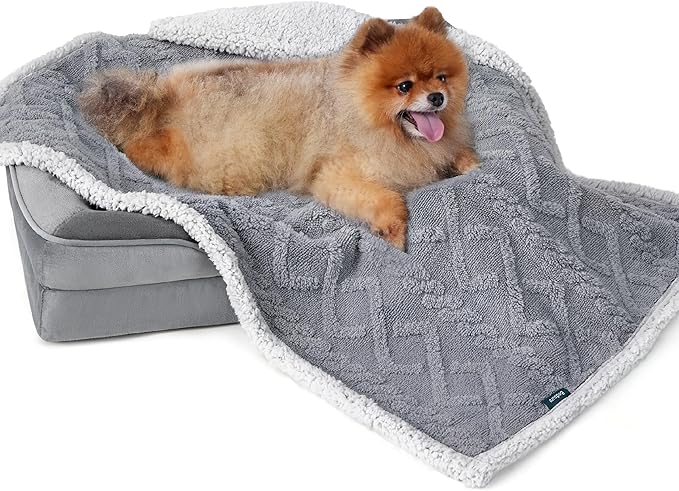 Bedsure Waterproof Dog Blankets for Small Dogs - Pet Blanket for Couch Protector Washable, Premium Jacquard Coral Fleece Cat Throw Blanket, Soft Plush Reversible Furniture Protection, 25"x35", Grey