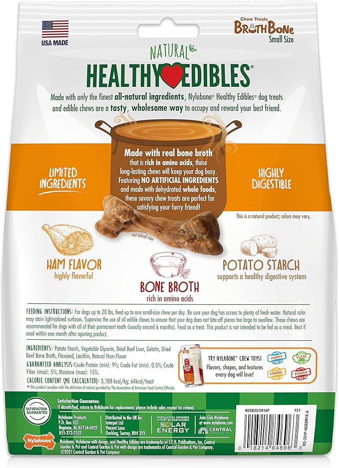 Nylabone Healthy Edibles Natural Dog Chews Long Lasting Ham Flavor Treats for Dogs, Small/Regular (16 Count)