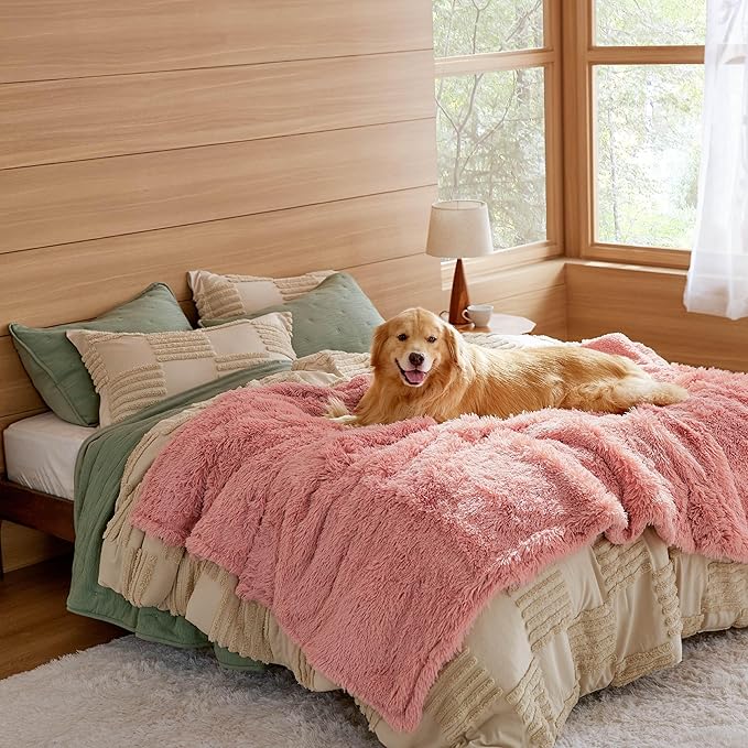 Bedsure Waterproof Dog Blankets for Large Dogs - Calming Cat Blanket for Bed Couch Protector Washable, Long Faux Fur Pet Throw Blanket for Puppy, Reversible Furniture Protection, 60"x80", Pink