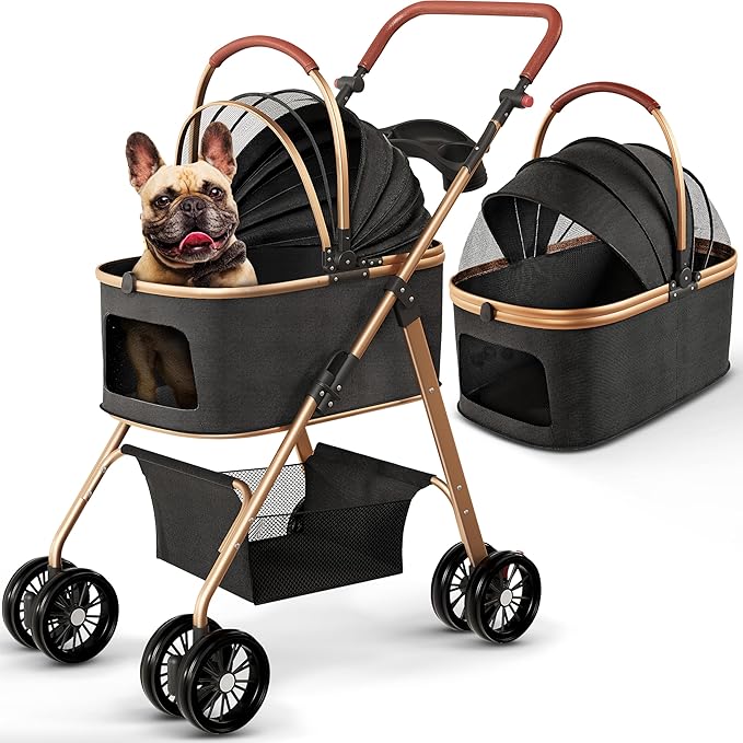 Dog Stroller, Pet Stroller, Cat Stroller – Zipperless Entry, Easy Fold with Removable Liner, Storage Basket + Cup Holder (Black)