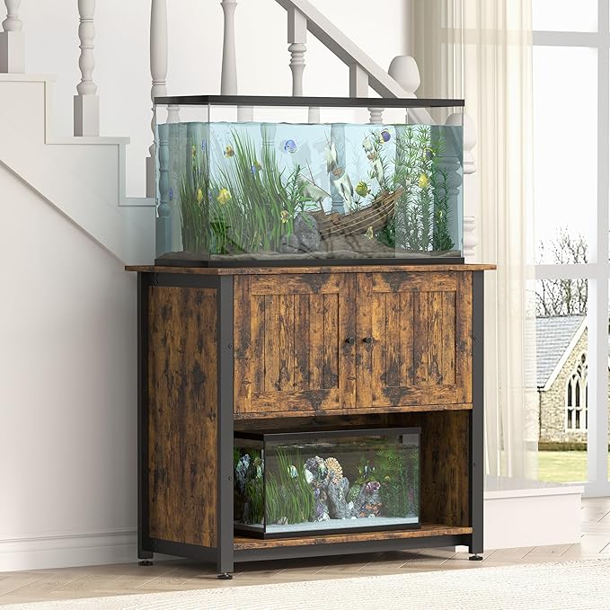 40-50 Gallon Fish Tank Stand with Cabinet, Metal Aquarium Stand for Accessories Storage, Reptile Tank Turtle Terrariums Table Bearable 1000LBS, Accommodates 2 Aquariums