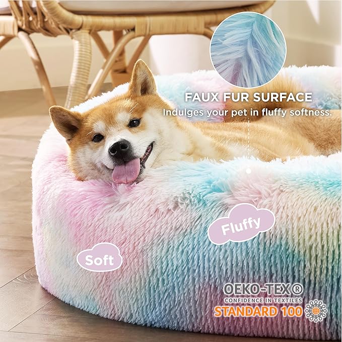 Bedsure Calming Dog Bed for Medium Dogs - Donut Washable Medium Pet Bed, Anti-Slip Round Fluffy Plush Faux Fur Cat Bed, Fits up to 45 lbs Pets, Multi-colored, 30 inches