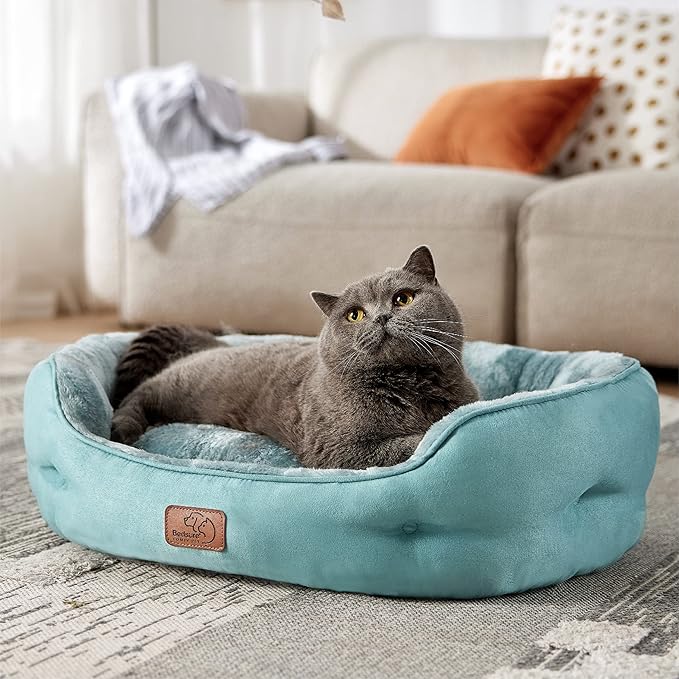 Bedsure Dog Beds for Small Dogs - Round Cat Beds for Indoor Cats, Washable Pet Bed for Puppy and Kitten with Slip-Resistant Bottom, 25 Inches, Washed Blue