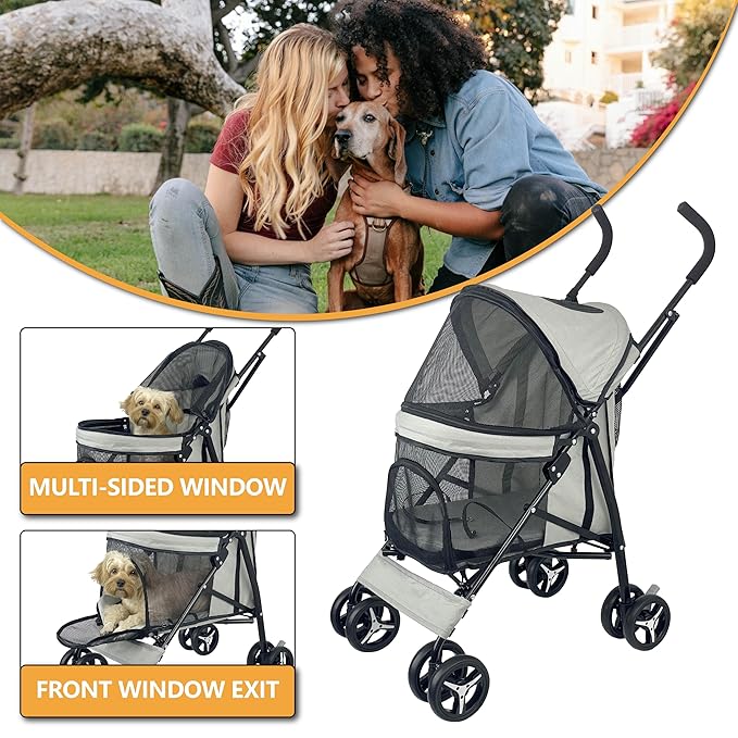 Umbrella shaped Lightweight 4 Wheel Dog Stroller for Medium Small Dogs, Portable Compact Pet Stroller with Breathable Mesh, Perfect for Travel,Jogging,up to 22lbs(Gray)