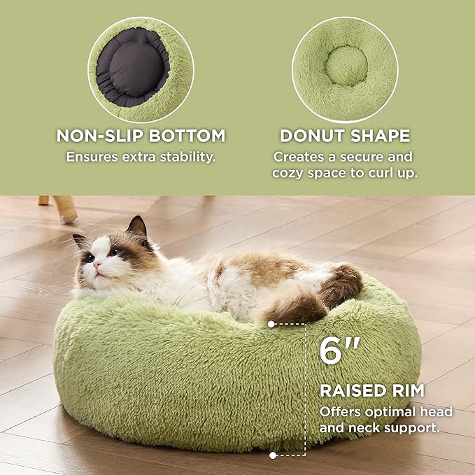 Bedsure Calming Cat Bed for Indoor Cats - Small Washable Round Cat Bed, Anti-Slip Fluffy Plush Faux Fur Pet Bed, Fits up to 15 lbs Pets, Green, 20 inches