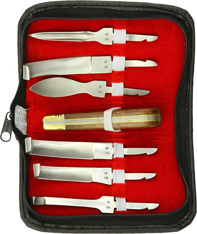 Hoof Knife Set (7) Handle and 6 Blades Stainless Steel Interchangeable Heads Convienient Zipper Case