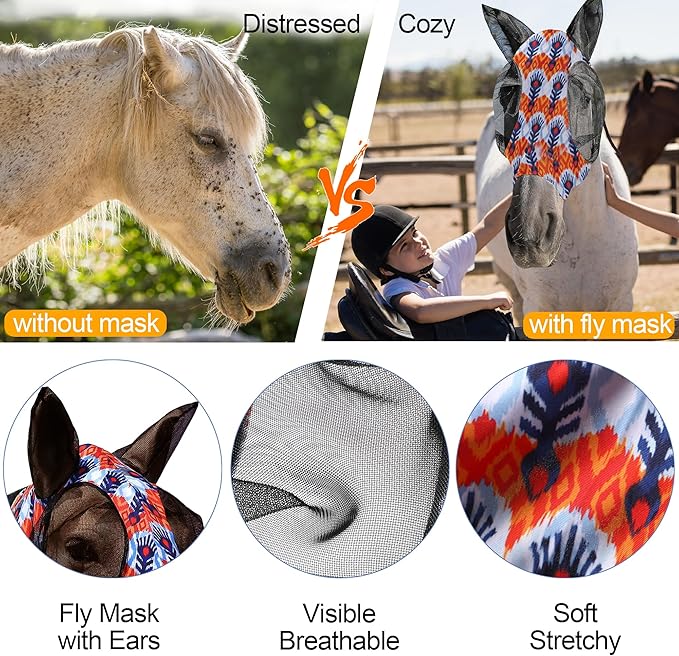 Fly Boots for Horses Set of 4 with Horse Fly Mask, Adjustable Horse Fly Boots Stops Stomping Fly Leg Wraps for Horses, Horse Leg Fly Protectors Breathable Fly Masks for Horses with Ears (Orange)