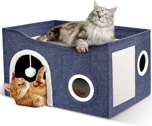 Heeyoo Cat House for Indoor Cats - Large Cat Bed Cave with Fluffy Ball and Scratch Pad, Foldable Cat Houses & Condos, Cat Cubes, Cat Hideaway, Covered Cat Bed for Multi Small Pet Large Kitty