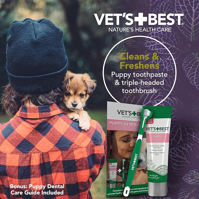 Vet’s Best Puppy Dental Kit – Toothbrush & Toothpaste for Puppies – Helps Soothe Irritated Gums During Teething, Freshens Breath, Prevent Plaque & Tartar - Natural Peanut Butter Flavor