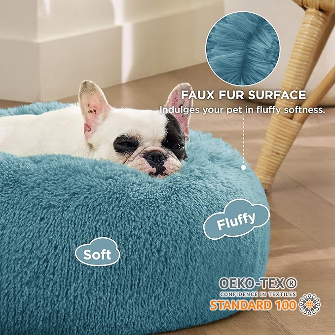 Bedsure Calming Dog Bed for Small Dogs - Donut Washable Small Pet Bed, 23 inches Anti-Slip Round Fluffy Plush Faux Fur Large Cat Bed, Fits up to 25 lbs Pets, Washed Blue