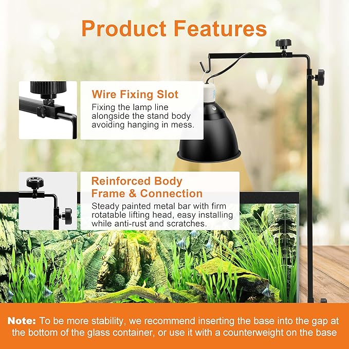 Simple Deluxe Reptile Lamp Stand Metal Floor Light Holder Basking Lamp-Holder Lamp-Support Bracket, Height Adjustable for Glass Terrarium Heating-Light, Amphibian and Aquarium Tank