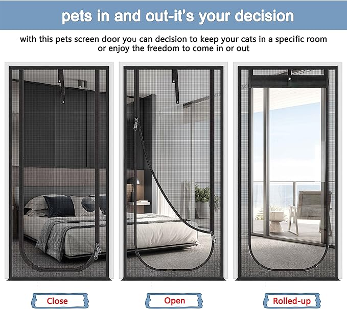 Upgraded Pet Screen Door Fits Doors Up to 30"x80",Heavy Duty Cat Proof Mesh Screen Door with Zipper Closure,Prevent Cats Running Out from Home,Bedroom,Living Room,Kitchen(U-type,Black)