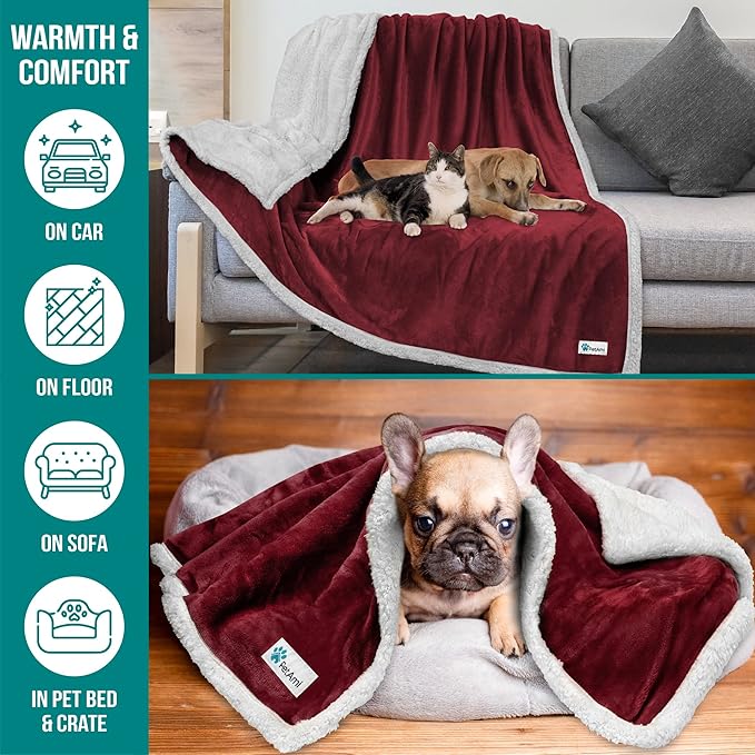 PetAmi Waterproof Dog Blanket For Small Medium Dog, Pet Puppy Blanket Couch Cover Protection, Sherpa Fleece Cat Blanket Washable Throw Couch Sofa Bed Furniture Protector Reversible Soft 29x40 Wine Red