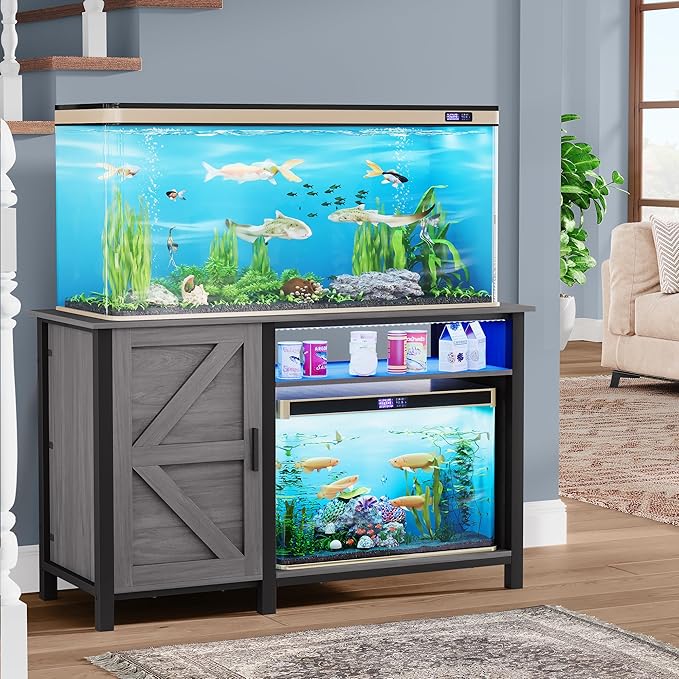 YITAHOME Aquarium Stand with Power Outlets, 55-75 Gallon Fish Tank Stand, Cabinet with RGB Light Strip Suitable for Turtle Tank, Reptile Terrarium, 900LBS Capacity, Grey