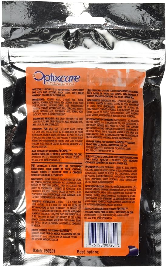 Optixcare 72-2 L-Lysine Chews for Cats & Kittens, 60 Count (Pack of 1)