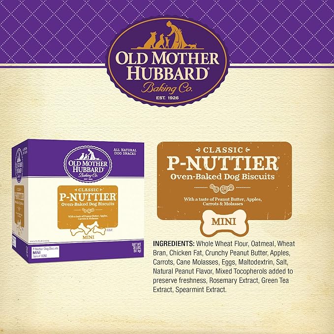 Old Mother Hubbard by Wellness Classic P-Nuttier Natural Dog Treats, Crunchy Oven-Baked Biscuits, Ideal for Training, Mini Size, 20 pound box