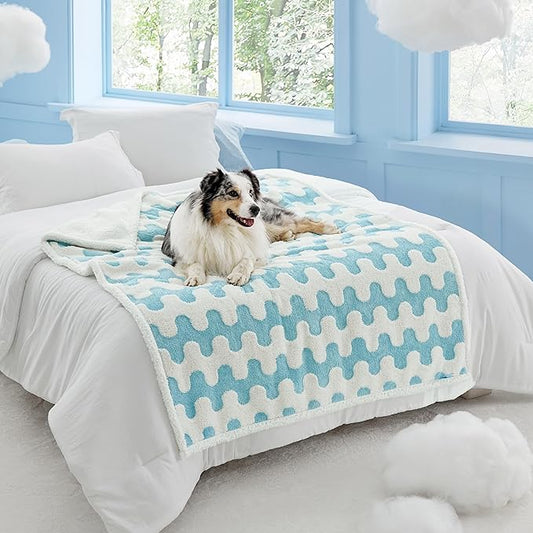 Lesure Waterproof Dog Blanket for Large Dogs - Washable Double Sided Dog Blankets with Warm Jacquard Shag and Soft Sherpa Fleece, Pet Cat blanket for Bed Couch Protection, 3D Textured Wave, Blue