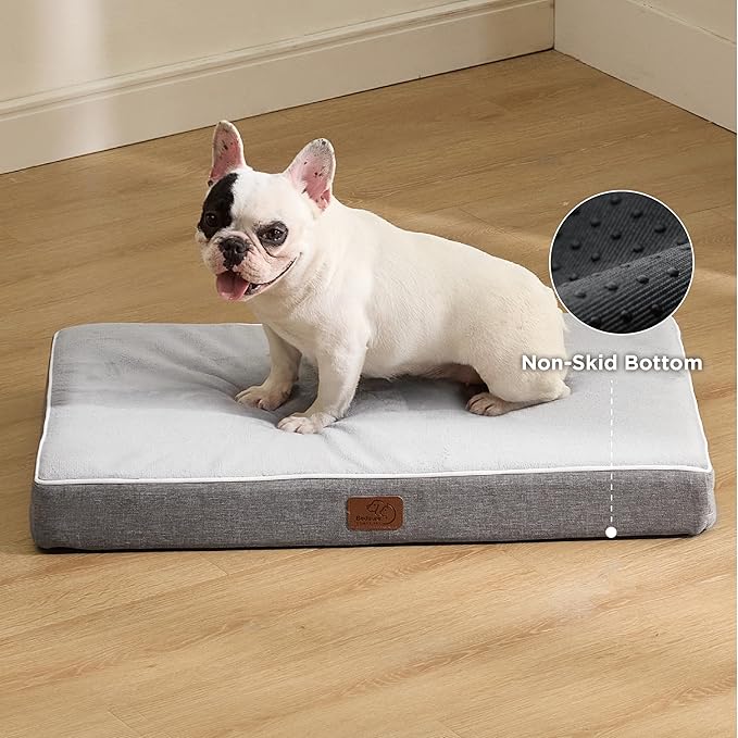 Bedsure Memory Foam Dog Bed for Medium Dogs - Orthopedic Waterproof Dog Bed for Crate with Removable Washable Cover and Nonskid Bottom - Plush Flannel Fleece Top Pet Bed, Light Grey