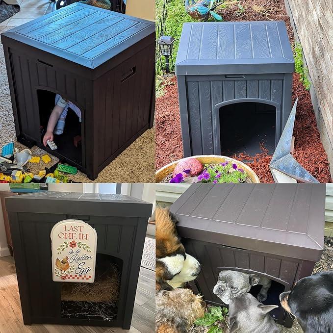 22" Dog House Outdoor with Flip Lid, Small Dog House Indoor Outdoor Weatherproof, Plastic Doghouse for Medium Dogs Outside, Durable Resin Plastic, 220 lbs Top Capacity & Elevated Floor, Brown