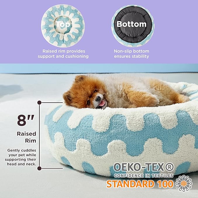 Lesure Donut Small Dog Bed - Round Cat Beds for Indoor Cats Anti-Anxiety Calming Pet Beds, Washable Cute Modern Beds with Teddy Sherpa Plush & Anti Slip Bottom Light Blue