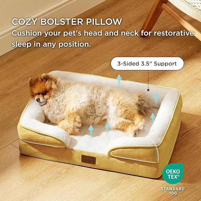 Bedsure Small Orthopedic Dog Bed - Washable Bolster Dog Sofa Beds for Small Dogs, Supportive Foam Pet Couch Bed with Removable Washable Cover, Waterproof Lining and Nonskid Bottom, Spicy Mustard