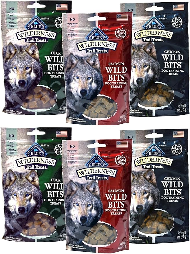 Blue Buffalo Wilderness Trail Treats Grain-Free Wild Bits Dog Treats - 3 Flavors 2 BAGS EACH FLAVOR (Salmon, Chicken, & Duck) - 4 Ounces Each (6 Total Pouches) - MADE IN USA by Blue