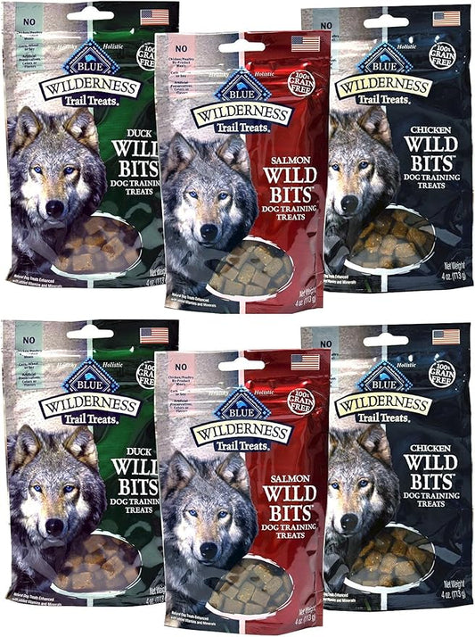 Blue Buffalo Wilderness Trail Treats Grain-Free Wild Bits Dog Treats - 3 Flavors 2 BAGS EACH FLAVOR (Salmon, Chicken, & Duck) - 4 Ounces Each (6 Total Pouches) - MADE IN USA by Blue