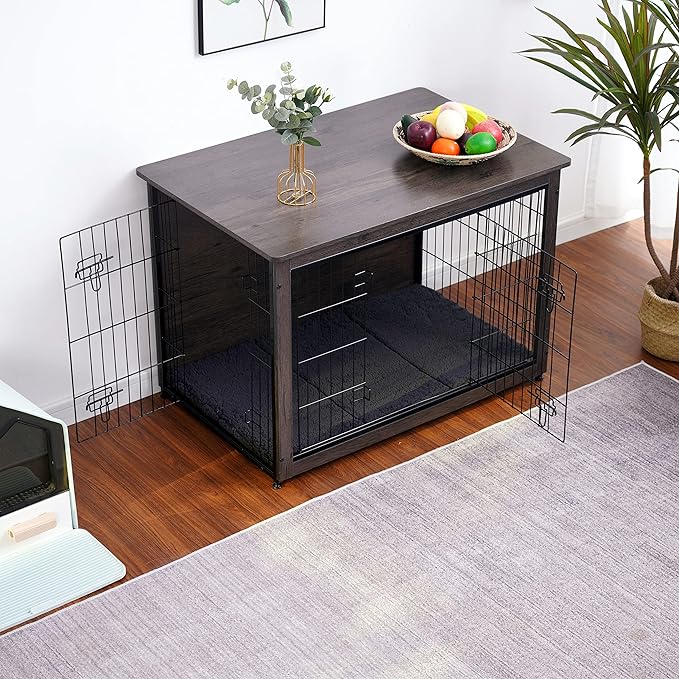 DWANTON Dog Crate Furniture with Cushion, Large Wooden Dog Crate with Double Doors, Dog Furniture, Indoor Dog Kennel, End Table, Large, 38.5" L, Dark Grey