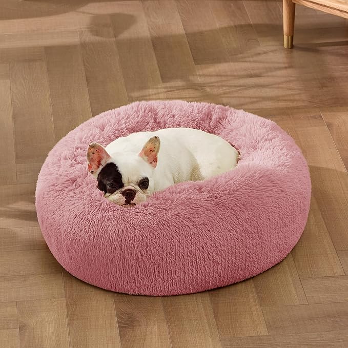 Bedsure Calming Dog Bed for Small Dogs - Donut Washable Small Pet Bed, 23 inches Anti-Slip Round Fluffy Plush Faux Fur Large Cat Bed, Fits up to 25 lbs Pets, Mauve Blush