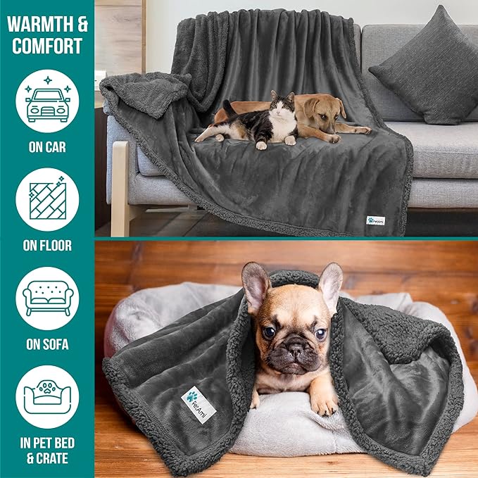 PetAmi WATERPROOF Dog Blanket for Bed, XL Dog Pet Blanket Couch Cover Protection, Sherpa Fleece Leakproof Bed Blanket for Crate Kennel Sofa Furniture Protector, Reversible Soft Plush 80x60 Grey Grey