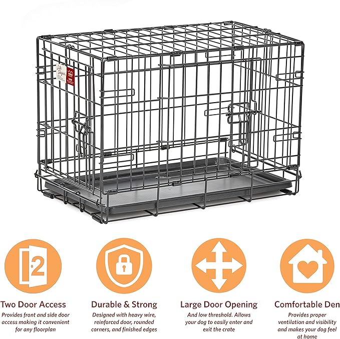 MidWest Homes for Pets Dog Crate | MidWest Life Stages XS Double Door Folding Metal Dog Crate | Divider Panel, Floor Protecting Feet, Leak-Proof Dog Pan | 22.5L x 14W x 16H inches, XS Dog Breed