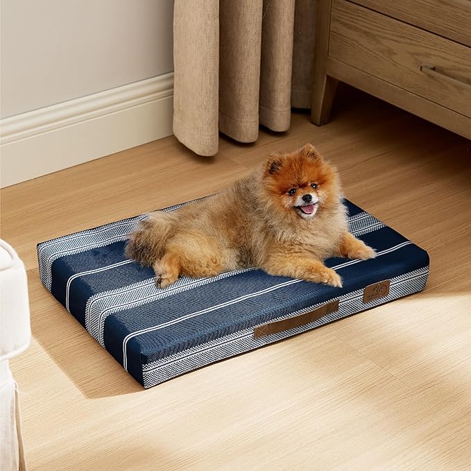 Bedsure Small Patterned Dog Bed for Small Dogs, Outdoor Waterproof Orthopedic Egg Foam Dog Bed Comfort Pet Mats for Crate with Removable Washable Cover(24"x16", Navy Blue)