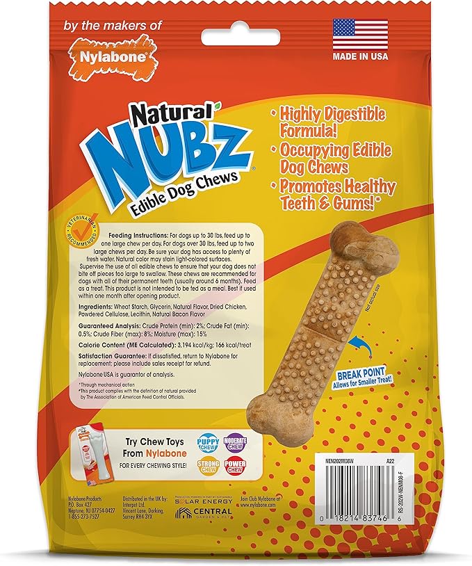 Nylabone Nubz Natural Edible Chew Treats for Dogs, Made in USA, Chicken Flavor, Large - Up to 50 lbs. (8 Count)