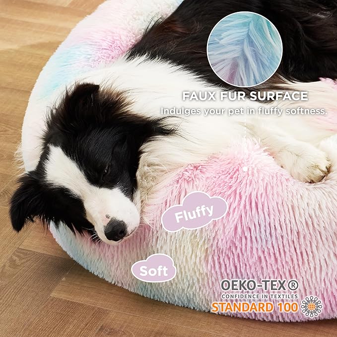 Bedsure Calming Dog Bed for Large Dogs - Donut Washable Large Pet Bed, Anti-Slip Round Fluffy Plush Faux Fur Dog Bed, Fits up to 100 lbs Pets, Multi-colored, 36 inches