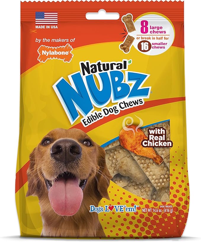Nylabone Nubz Natural Edible Chew Treats for Dogs, Made in USA, Chicken Flavor, Large - Up to 50 lbs. (8 Count)