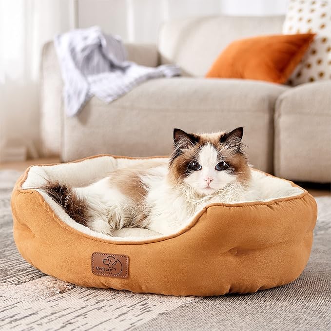 Bedsure Dog Beds for Small Dogs - Round Cat Beds for Indoor Cats, Washable Pet Bed for Puppy and Kitten with Slip-Resistant Bottom, 20 Inches, Yolk Yellow