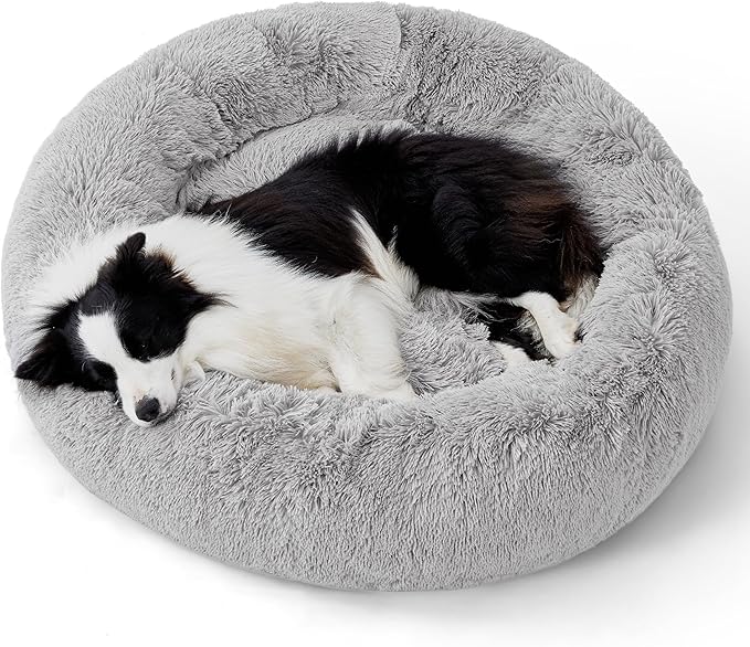 Bedsure Calming Dog Bed for Extra Large Dogs - Donut Washable Large Pet Bed, 45 inches Anti-Slip Round Fluffy Plush Faux Fur Dog Bed, Fits up to 125 lbs Pets, Pale Grey