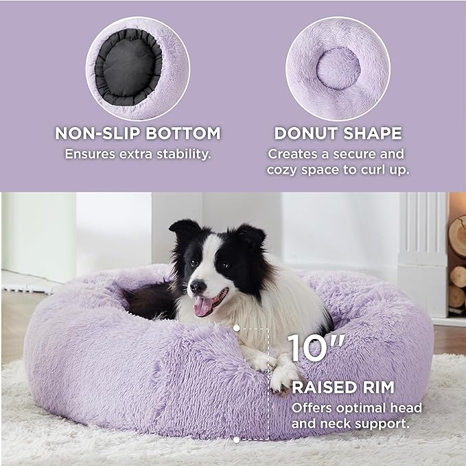 Bedsure Calming Dog Bed for Large Dogs - Donut Washable Large Pet Bed, 36 inches Anti-Slip Round Fluffy Plush Faux Fur Dog Bed, Fits up to 100 lbs Pets, Purple