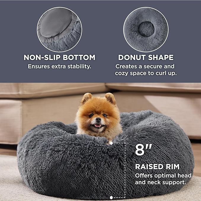 Bedsure Calming Dog Bed for Small Dogs - Donut Washable Small Pet Bed, 23 inches Anti-Slip Round Fluffy Plush Faux Fur Large Cat Bed, Fits up to 25 lbs Pets, Dark Grey