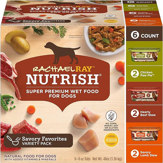 Rachael Ray Nutrish Premium Natural Wet Dog Food with Added Vitamins & Minerals, Savory Favorites Variety Pack, 8 Ounce Tub (Pack of 6)