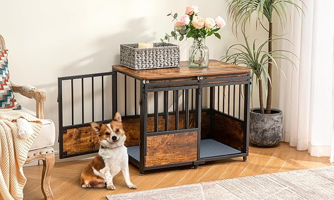 KOOPRO 32 Inch Dog Crate Furniture with Cushion for Large Medium Dogs, Wooden Heavy Duty Dog Kennel with Double Doors, Decorative Pet House Dog Cage Side End Table Indoor, Sliding Door Chew-Resistant